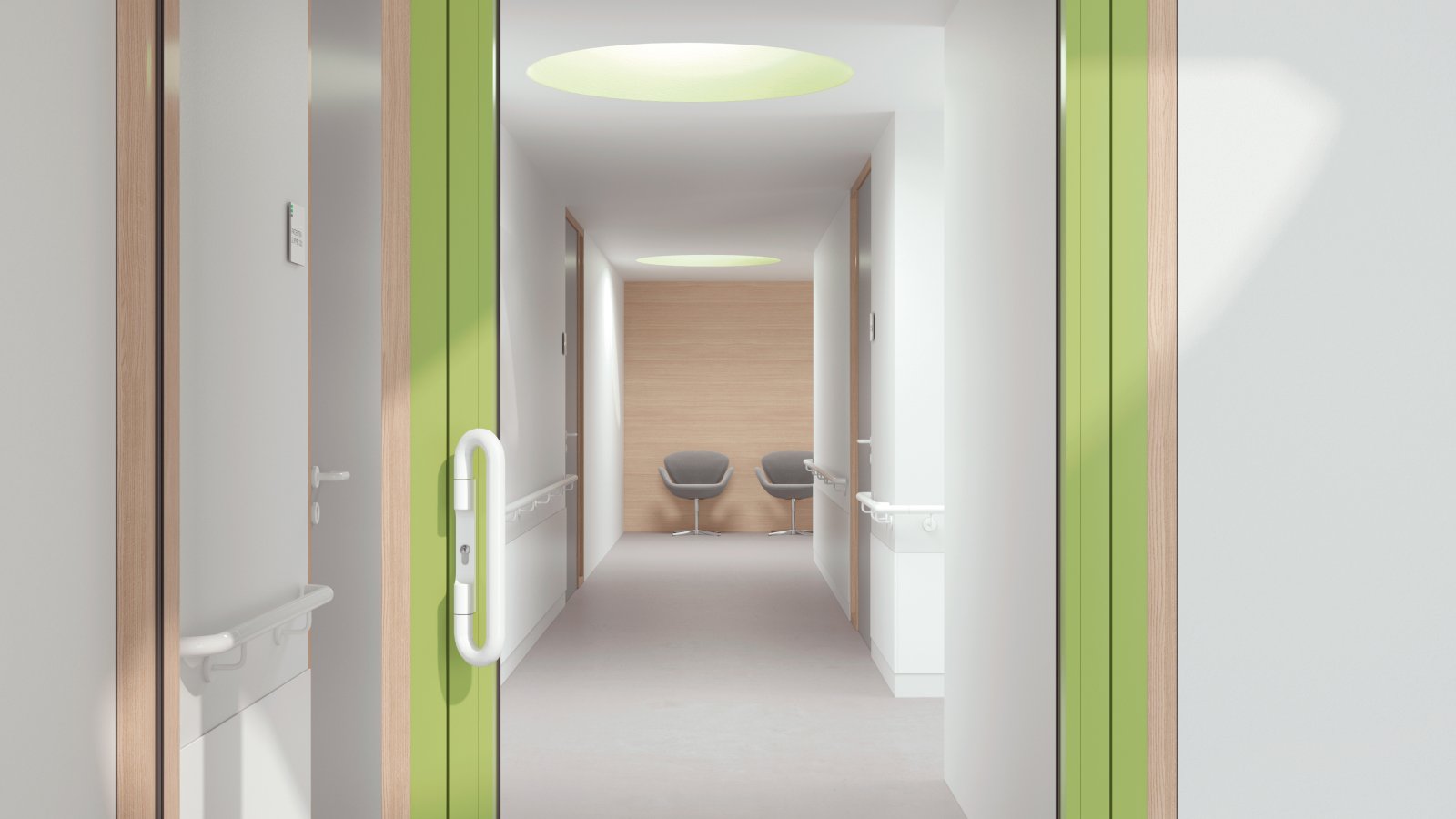 Glazed hospital door with green frame equipped with a lever handle in the colour signal white made of polyamide