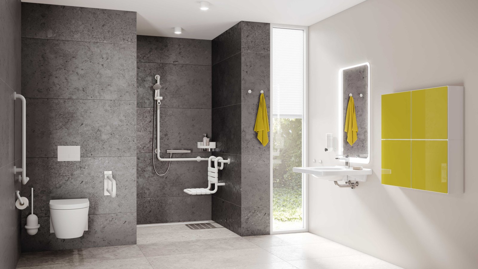 Barrier-free bathroom with washbasin, shower area and WC